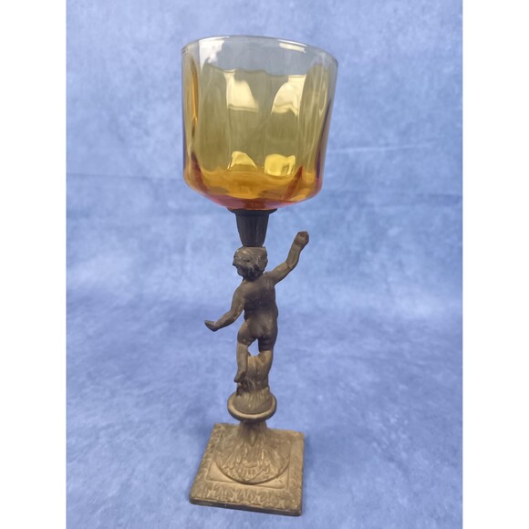 Brass Cherub Candle Holder Hollywood Regency MCM Amber Glass - Picture 8 of 11